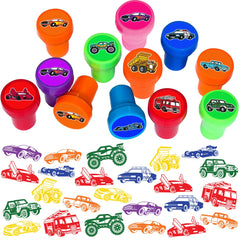 Car and Truck Stamps 12pc set packaging shows vibrant designs for party favors.