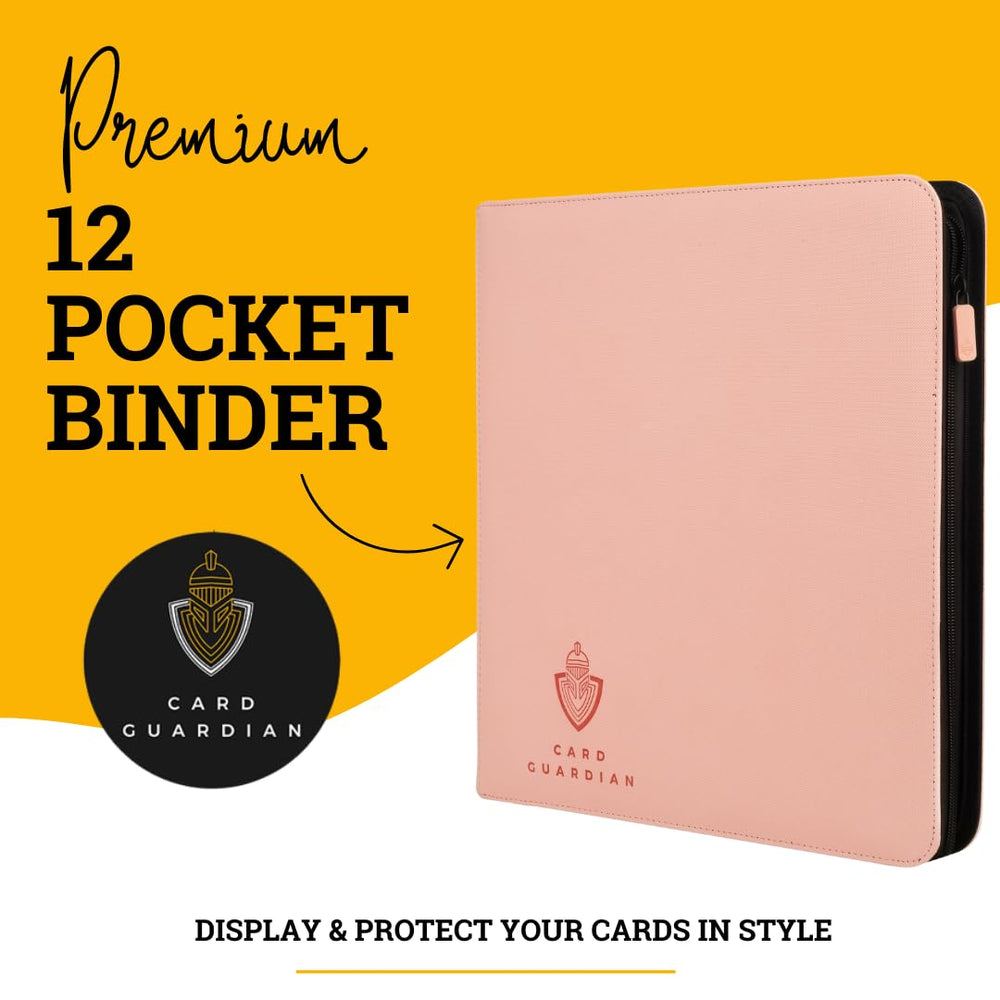 Card Guardian pink binder opened to reveal the 12-pocket interior layout.