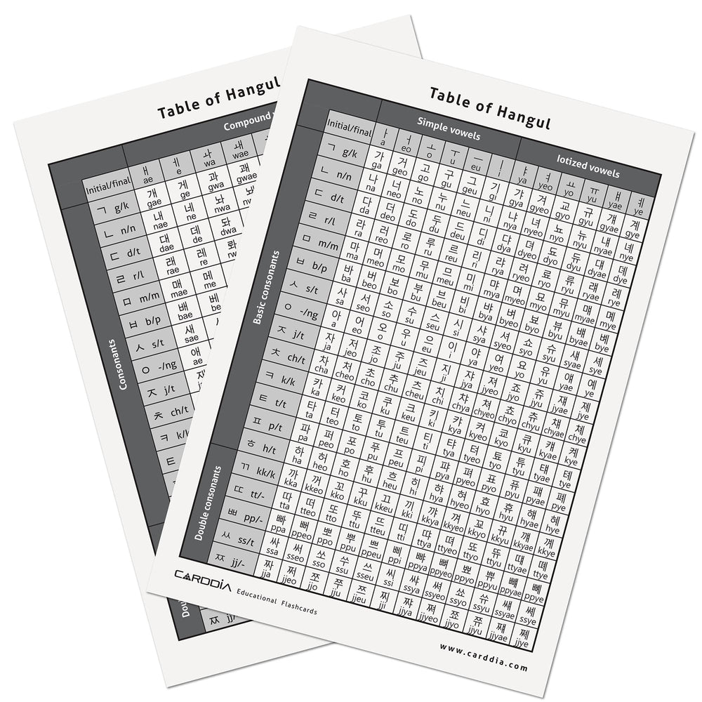CARDDIA Hangul flashcards back view showing pronunciation and stroke order guidance.