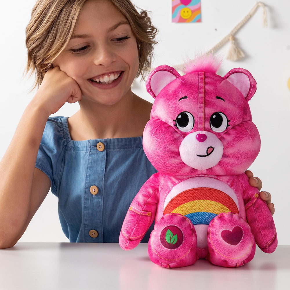 Care Bears denim tag close-up, collectible charm for fans.