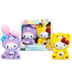 Care Bears Hello Kitty Funshine Bear plush 10-inch with sunny belly badge for cuddles.