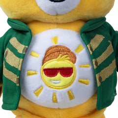 Care Bears Funshine Bear scarecrow belly badge highlights the unique collaboration.