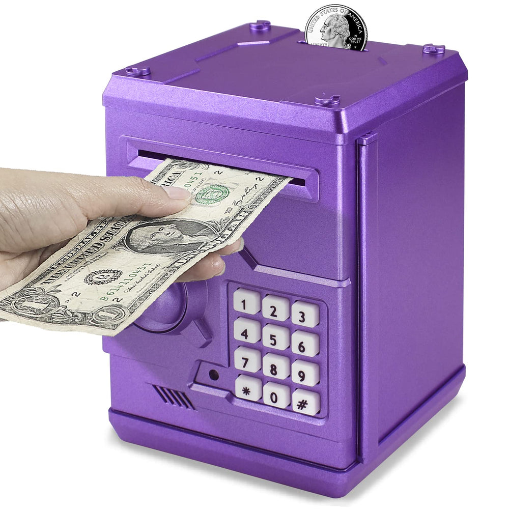Cargooy Mini ATM piggy bank front view, purple design motivates kids to save.