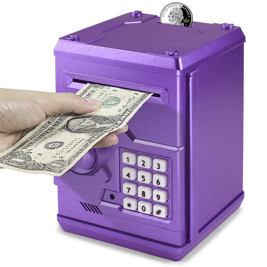 Cargooy Mini ATM piggy bank front view, purple design motivates kids to save.
