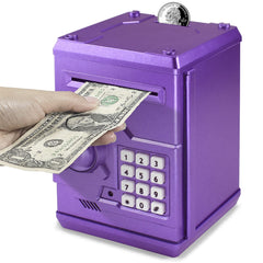 Cargooy Mini ATM piggy bank front view, purple design motivates kids to save.