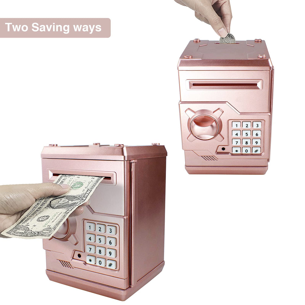 Cargooy Mini ATM Piggy Bank with open lid showing coin and bill capacity for daily saves
