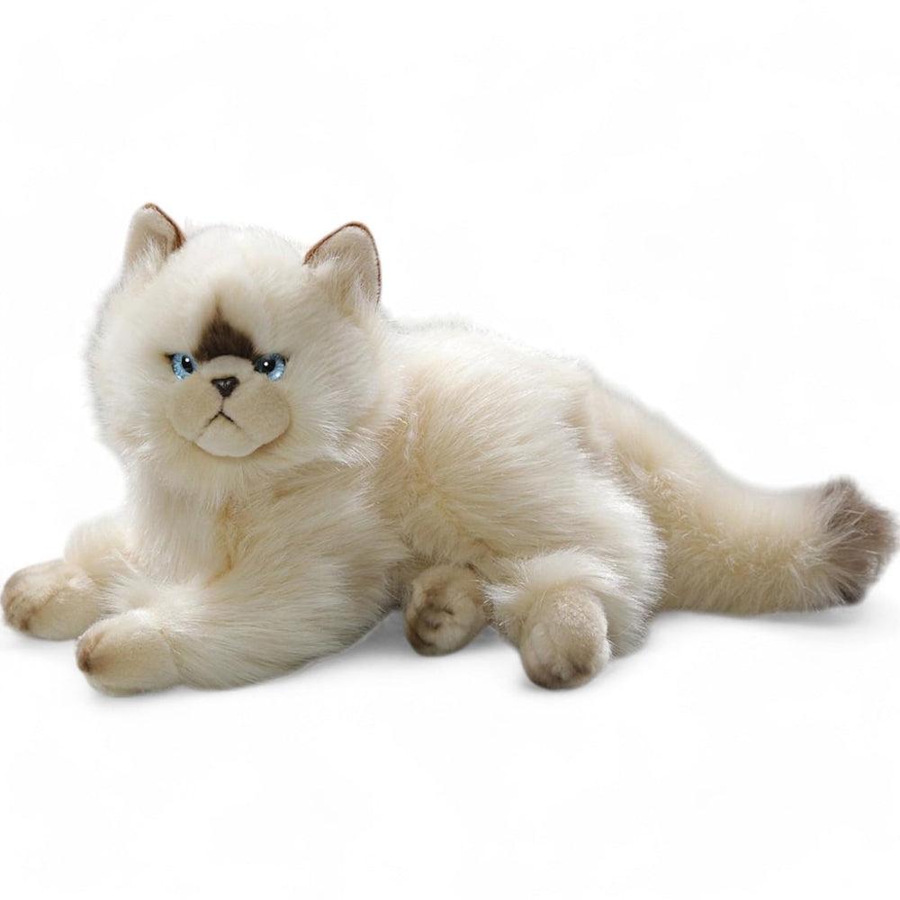 Carl Dick Himalayan Chocolate Point plush cat, close-up face, blue safety eyes add character and charm