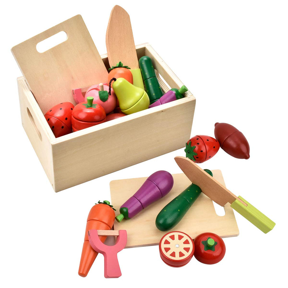 CARLORBO wooden play food peach slices for imaginative pretend meals and fine motor skills.