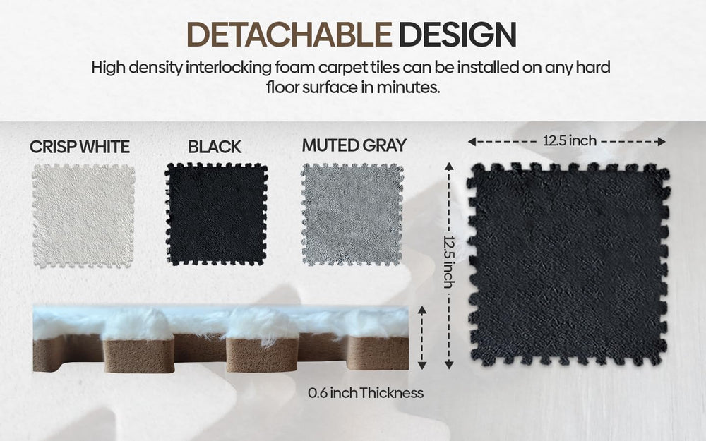 CARPETBOX foam tiles with velvety polyester layer offer cloud-like comfort.