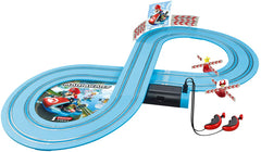 Carrera Mario Kart characters Mario and Yoshi race around the track.