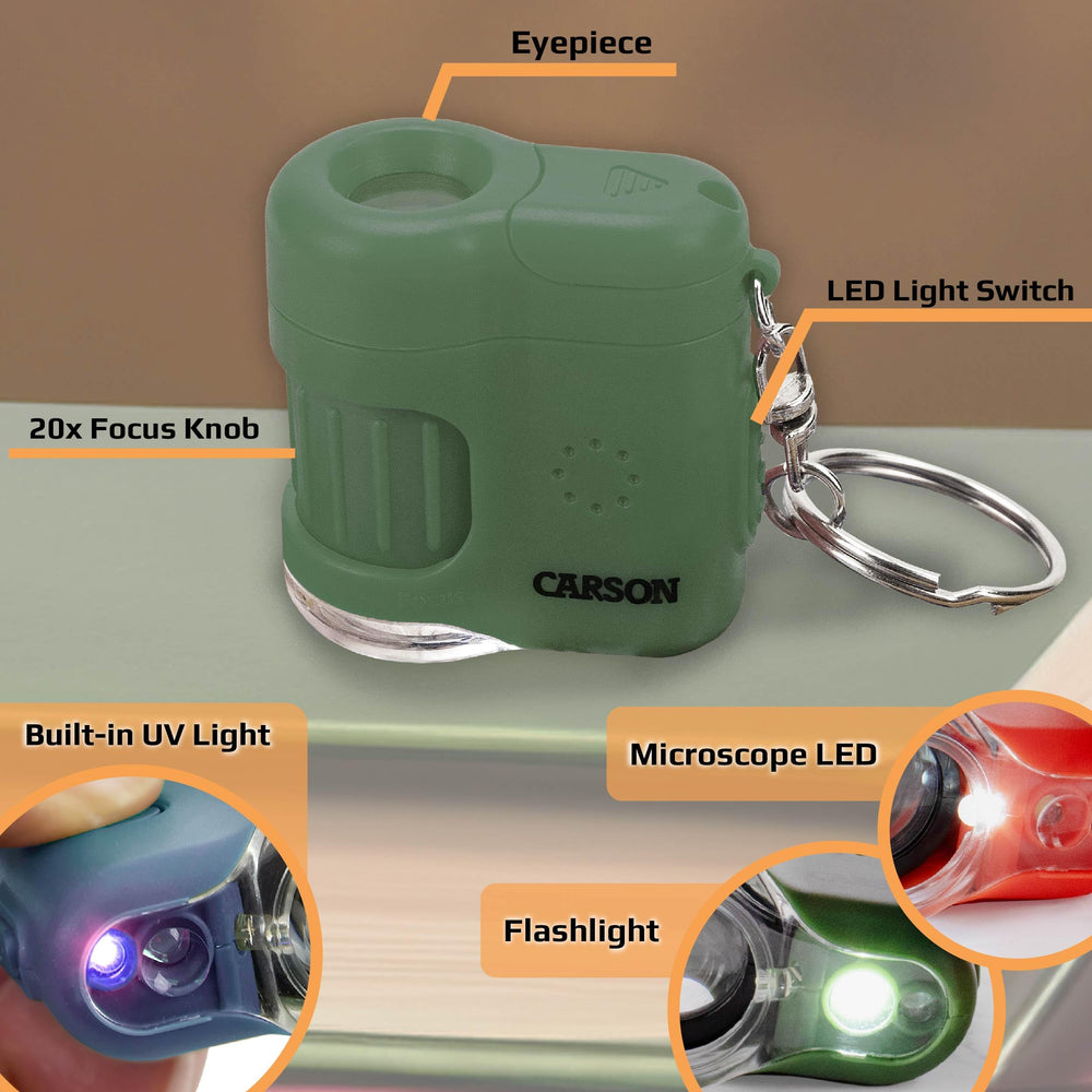 Carson MicroMini green front view showcases compact pocket microscope design