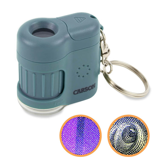 Carson MicroMini 20x pocket microscope blue case close-up for quick field inspection