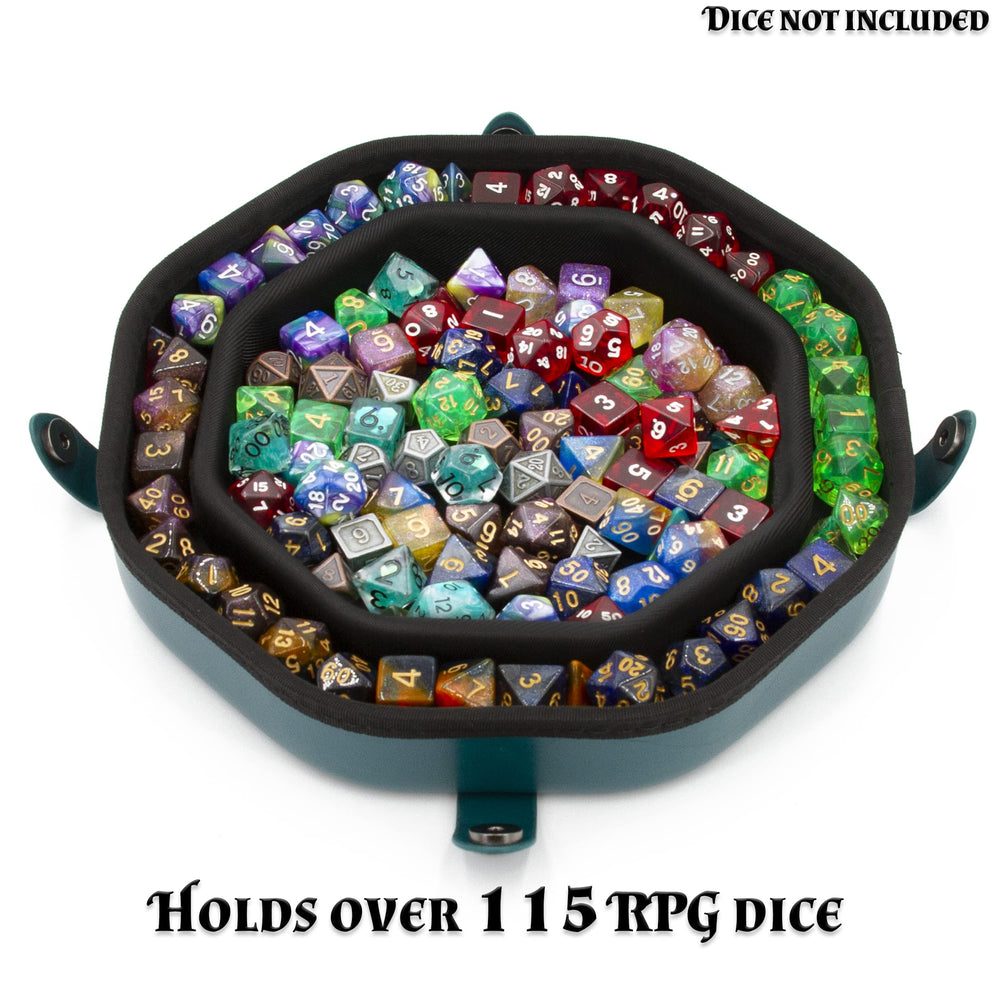 CASEMATIX lid as portable dice tray demonstrates versatile, space-saving setup for larger parties.