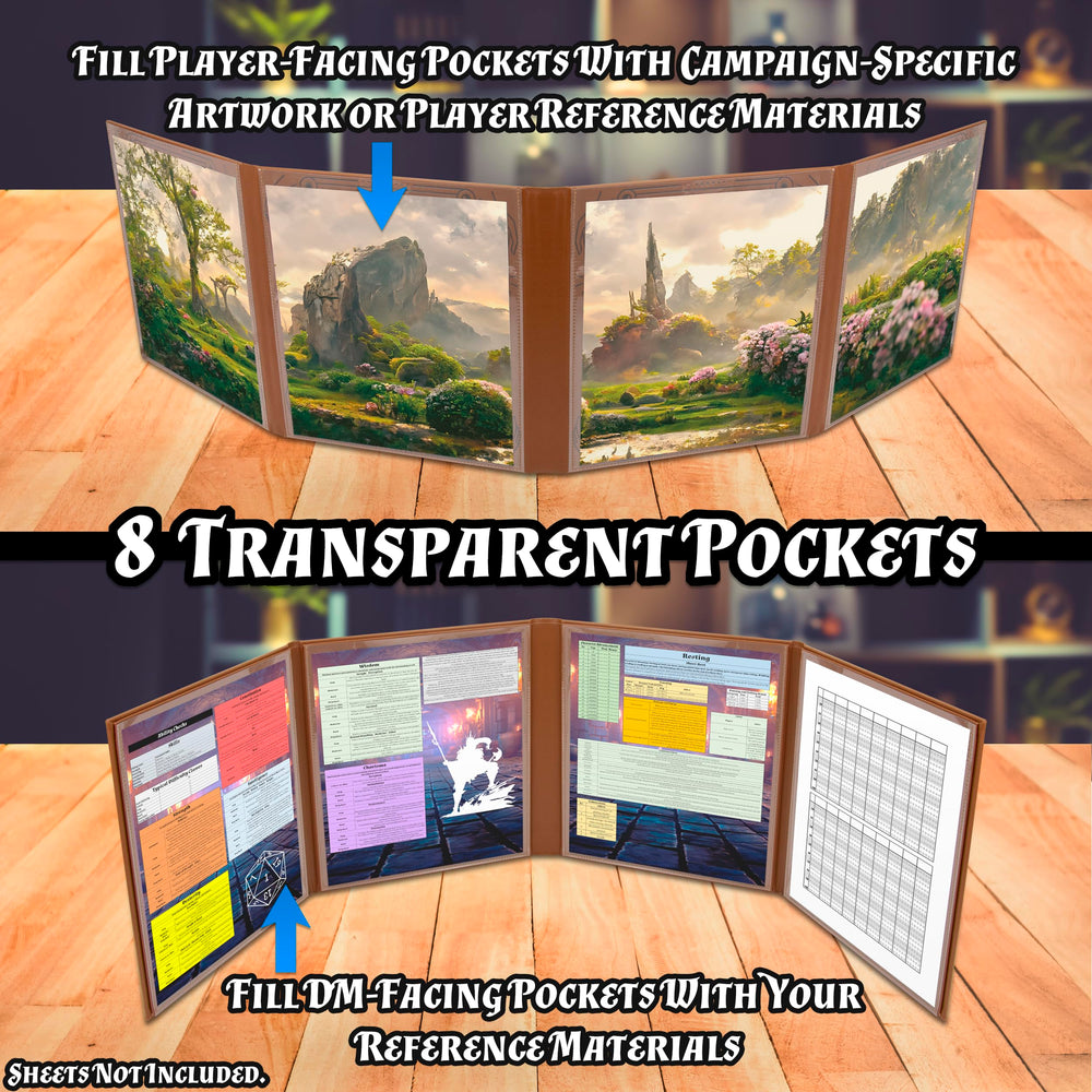 CASEMATIX DM Screen outward-windows showcase artwork and quick-reference sheets during play.