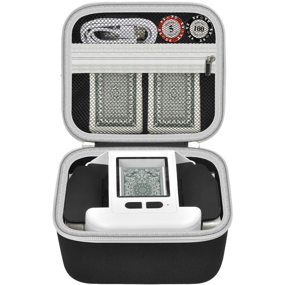 Casmilee Card Shuffler Case inner view shows organized shuffler and decks.