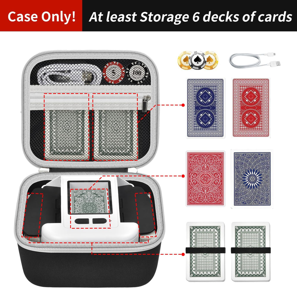 Casmilee Card Shuffler Case top compartment stores extra cards for quick setup.