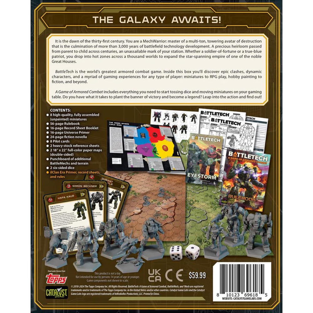 Catalyst Game Labs BattleTech 40th Edition dice rulebooks and terrain, enabling quick-start for new campaigns.