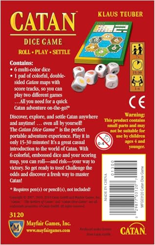 CATAN Dice Game embossed dice display six colorful dice for fast rounds.