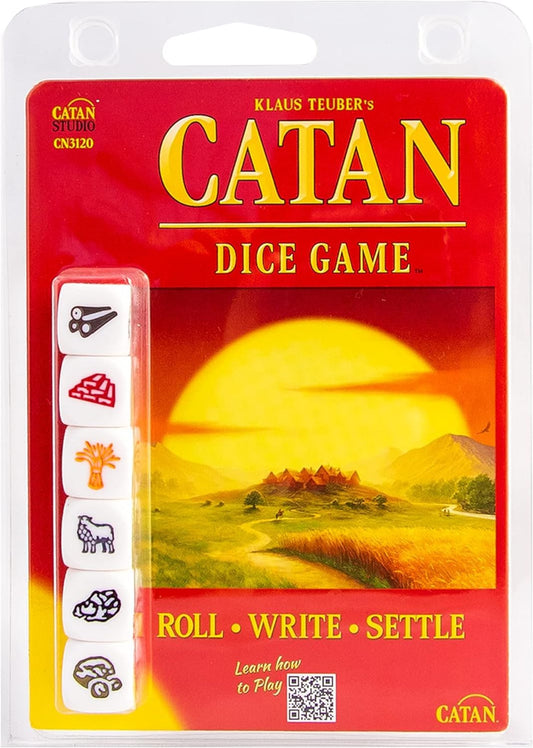 CATAN Dice Game front box, portable setup for quick play sessions.