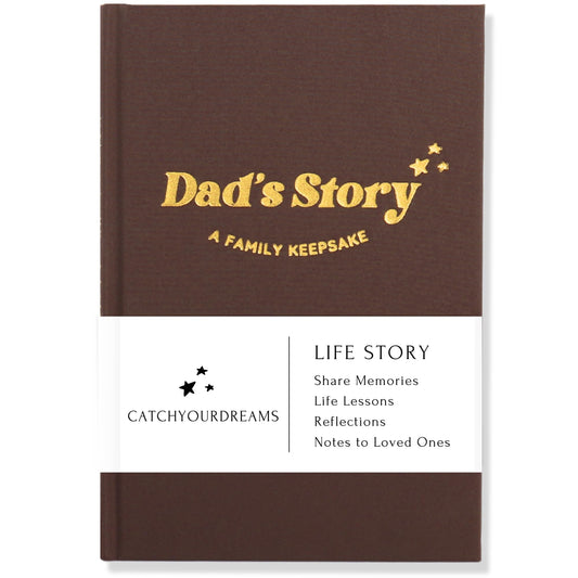 CATCHYOURDREAMS Dad's Story Journal cover highlights heirloom quality for lasting memories.