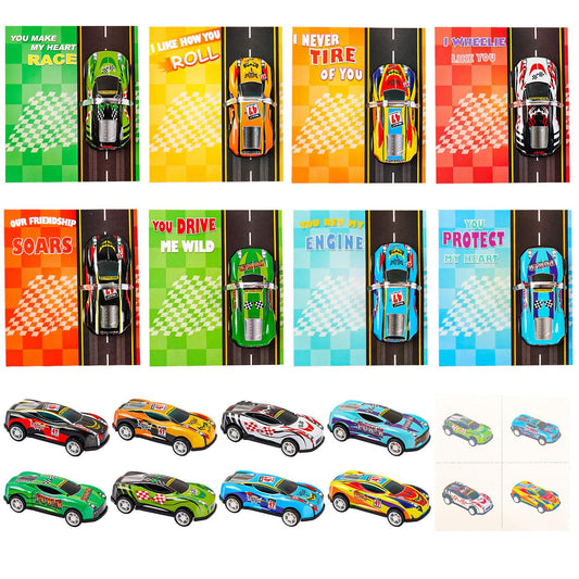 Catnee valentines cards for kids 32-pack showcase playful car designs for classroom exchanges.