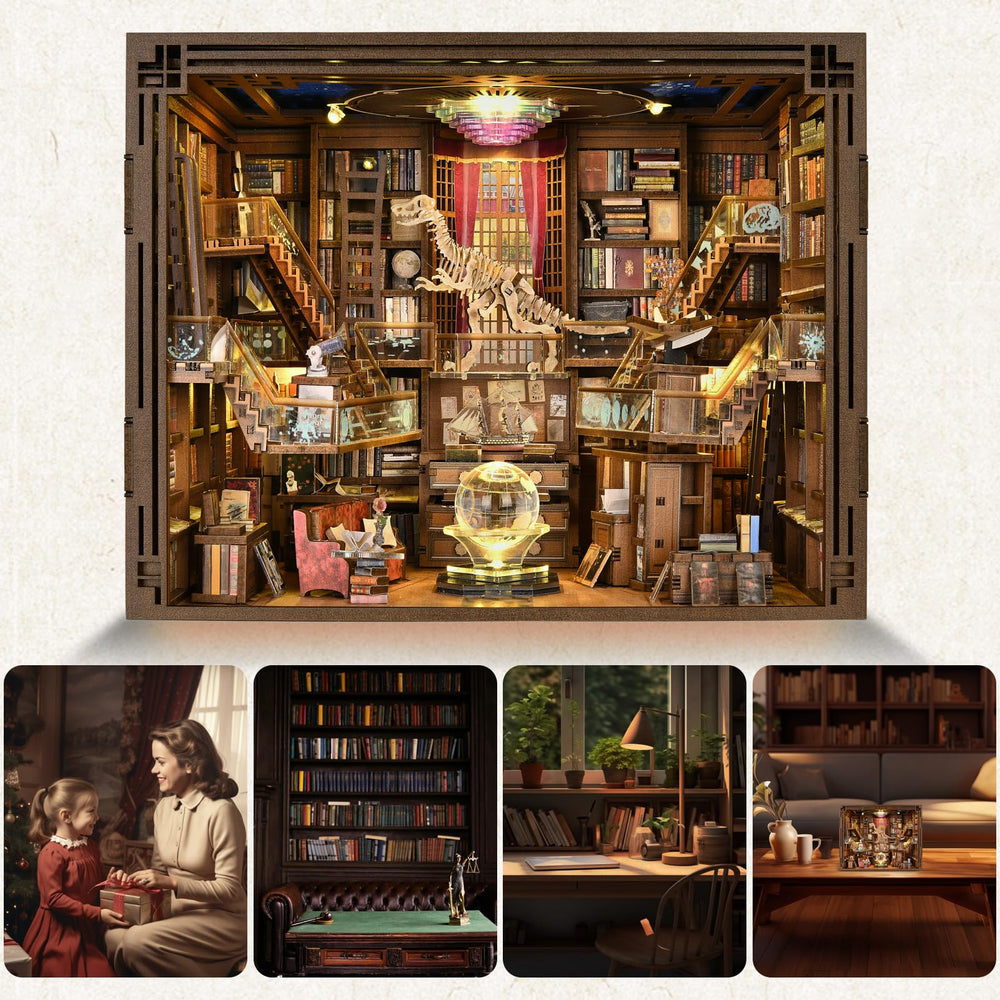 Finished CCCDF Book Nook Kit on display shelf highlights a cozy literary vignette.