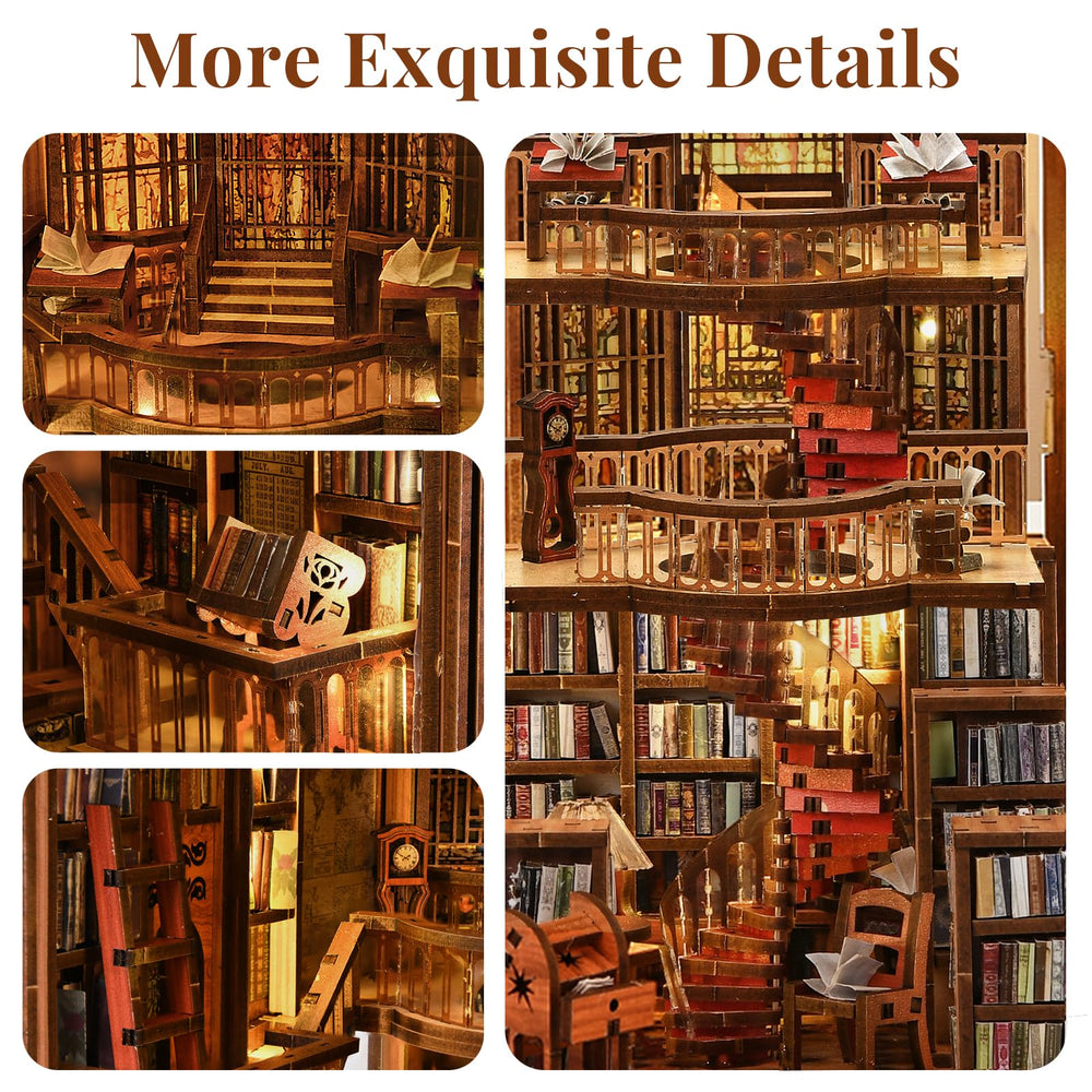 CCCDF Book Nook LED illumination highlights the miniature Abbey Library at night