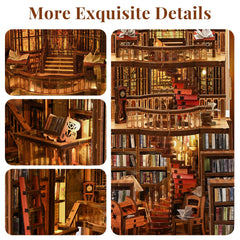 CCCDF Book Nook LED illumination highlights the miniature Abbey Library at night