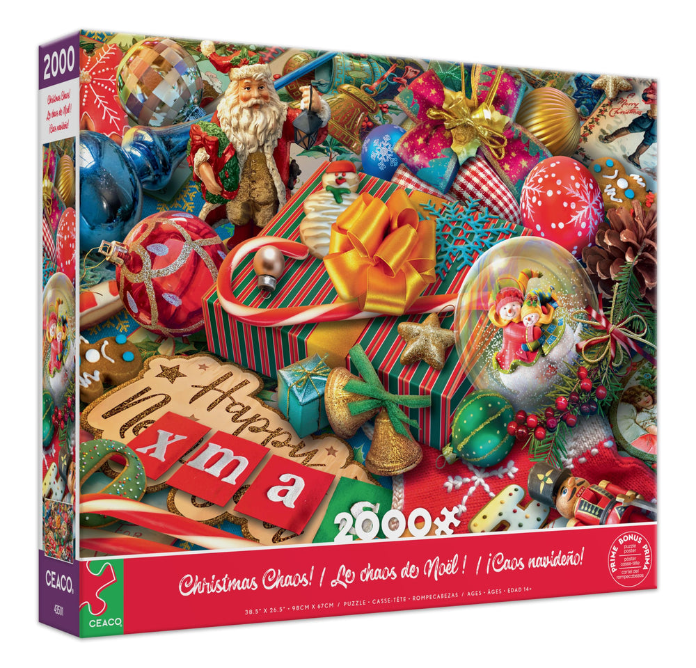 Ceaco Eduard Christmas Chaos puzzle box front, gift-ready display and teaser