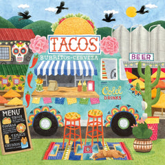 Ceaco Food Trucks puzzle scene with drinks, peppers, and banners in bold colors