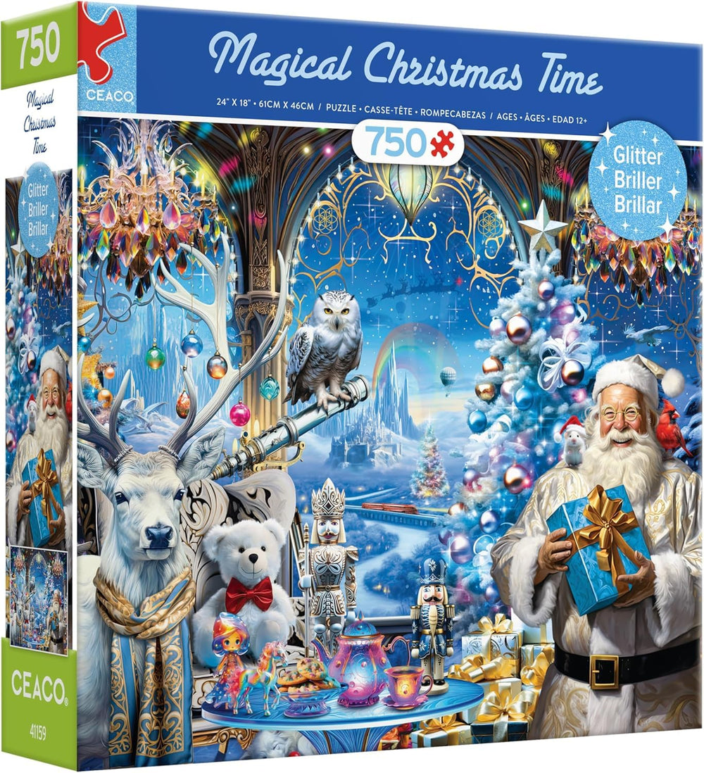 Ceaco Glitter Magical Christmas Time puzzle pieces spread for quick assembly