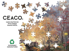 Ceaco Thomas Kinkade Central Park fall puzzle poster included for quick reference.