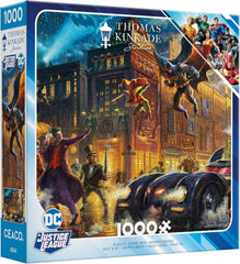 Ceaco Thomas Kinkade DC Comics Justice League puzzle cover with vibrant colors for family nights.