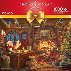 Ceaco Thomas Kinkade festive cabin with decorations in holiday puzzle