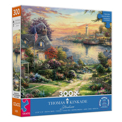 Ceaco Thomas Kinkade New England Harbor puzzle with cozy cottage for calm puzzling sessions