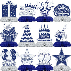 Celee navy blue and silver honeycomb centerpiece on a table adds elegant milestone birthday decor.