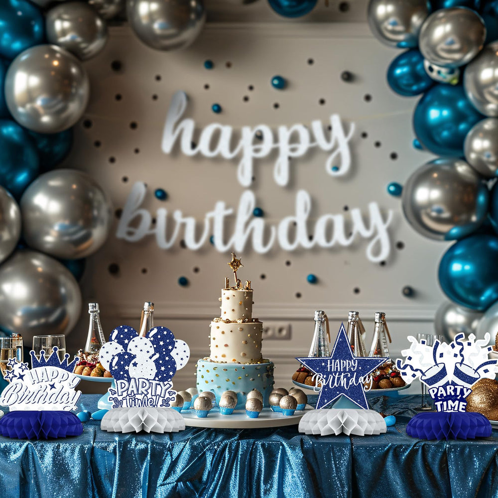 Celee table topper in blue and silver creates a striking focal point.