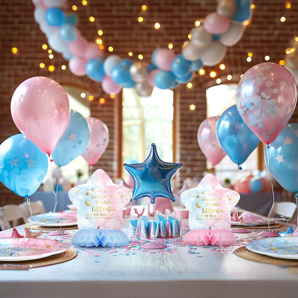 Celee Twinkle Twinkle baby shower table decor enhancing dessert and gift areas.