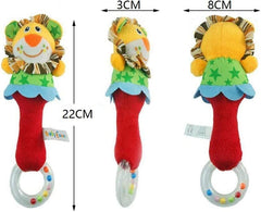 CHAFIN Squeaker-covered rattle with beads enhances multi-sensory discovery.