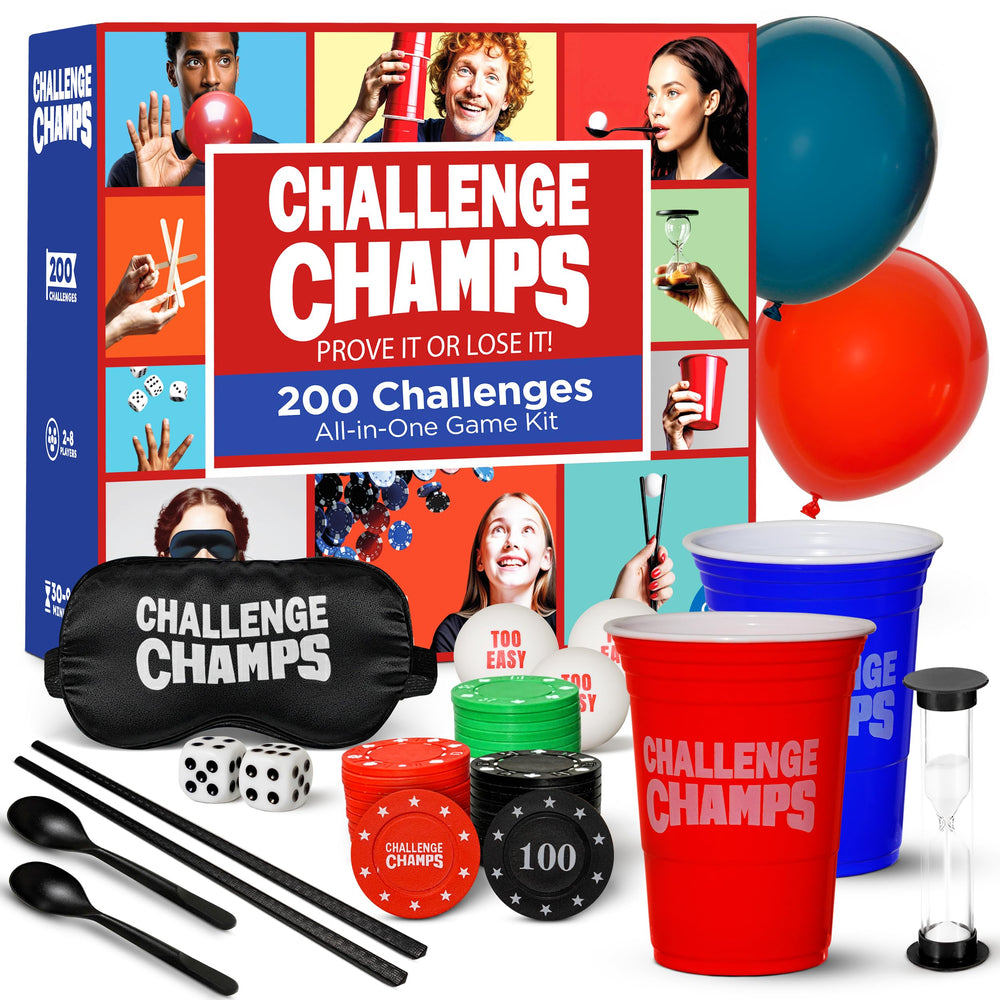 Challenge Champs Action Game contents laid out for instant play with 10 accessories.