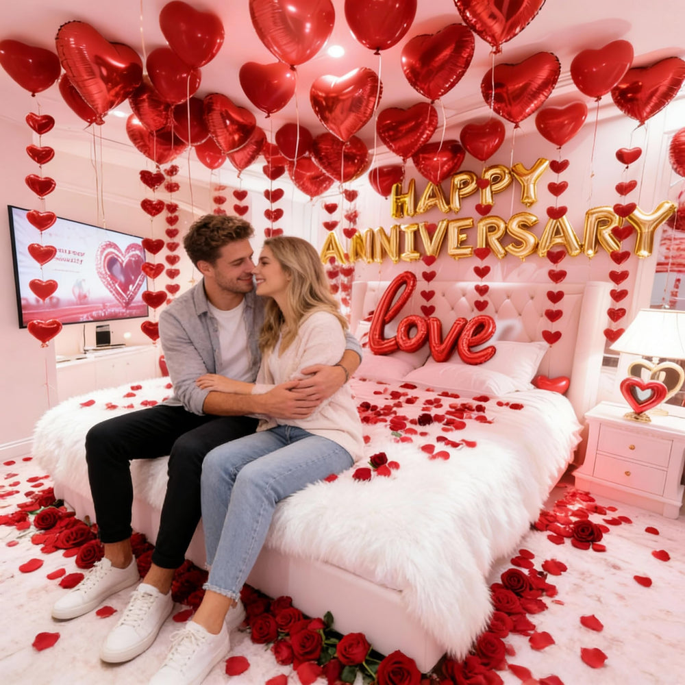 Chamrrille red foil hearts add vivid accents for intimate decor