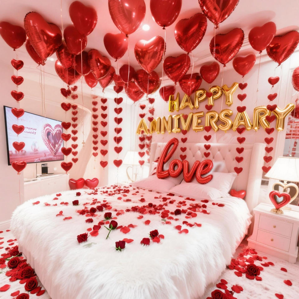 Chamrrille rose petals bed scene for a romantic surprise