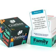 Chatbox 200 conversation cards on table spark family bonding during game night.