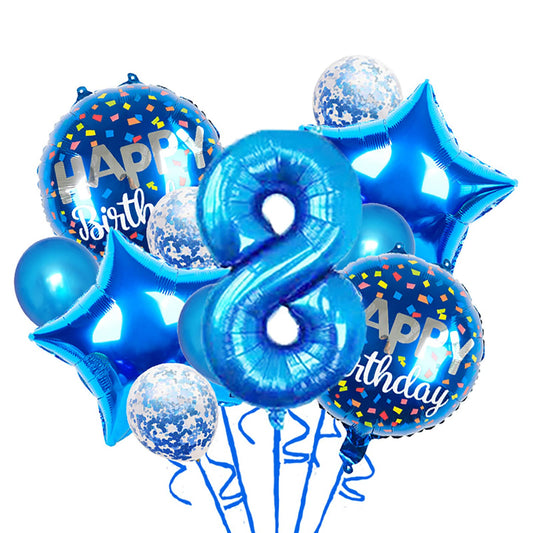 Chaungfu 11-pcs blue foil balloons for 8th birthday create a festive backdrop.