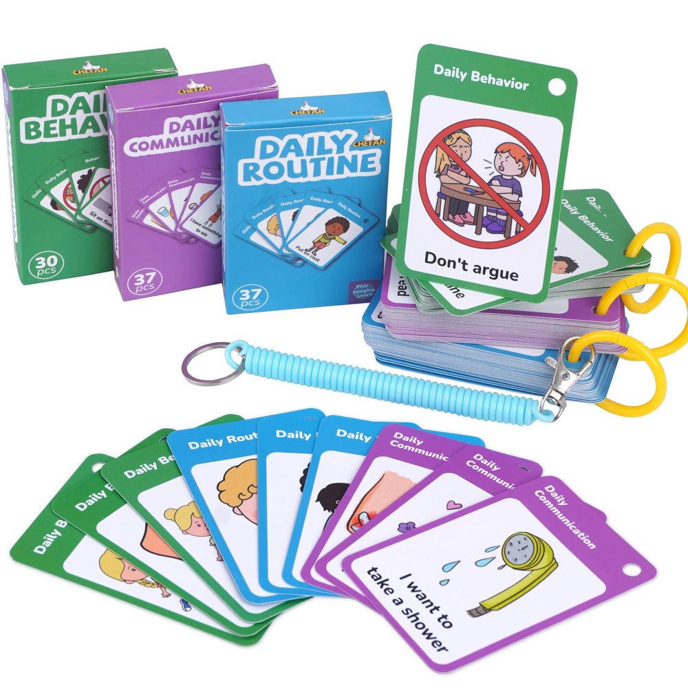 CHEFAN autism communication cards 110 pcs laid out for visual learning daily practice.