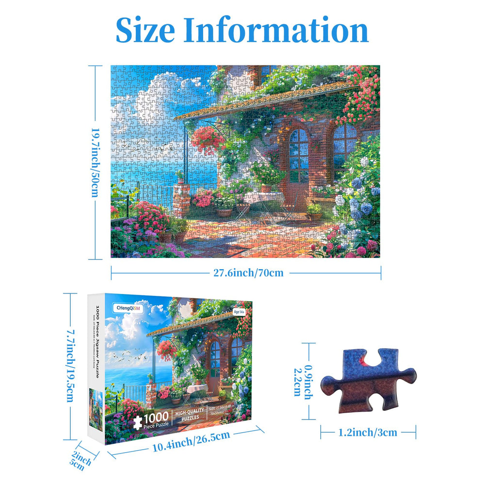 Completed Seaview Cottage puzzle laid out on table, bright coastal scene