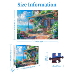 Completed Seaview Cottage puzzle laid out on table, bright coastal scene