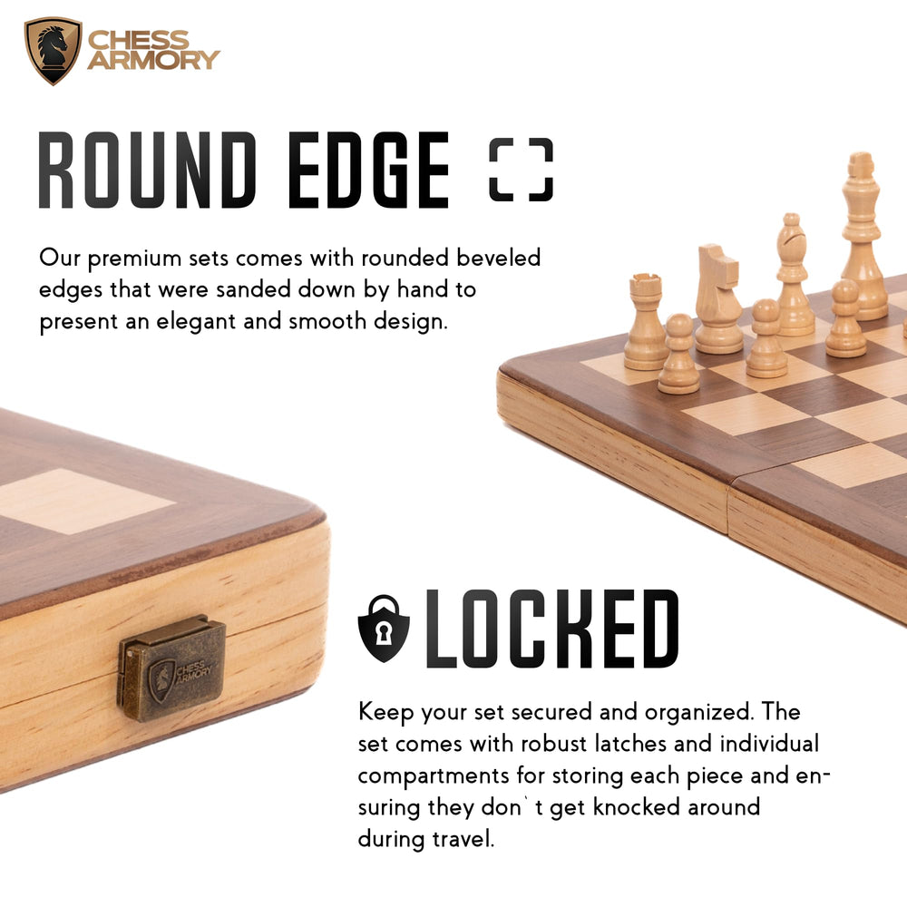 Chess Armory magnetic board keeps pieces secure during transit.