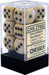Chessex Marble Ivory D6 dice with black marbling, 16mm block, ideal for RPG sessions
