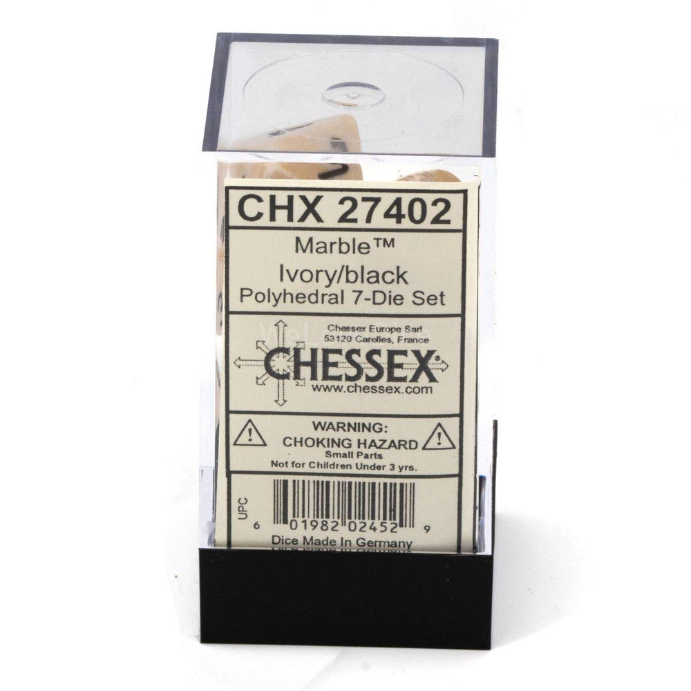 Chessex marble ivory black set in a tray highlights premium presentation.